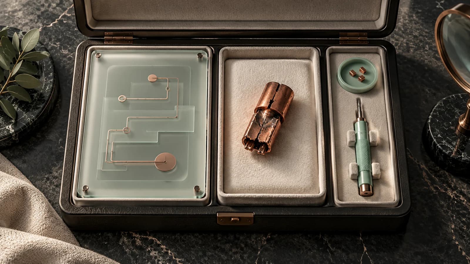 An open specimen case holding a process model, a damaged connector and a repair tool