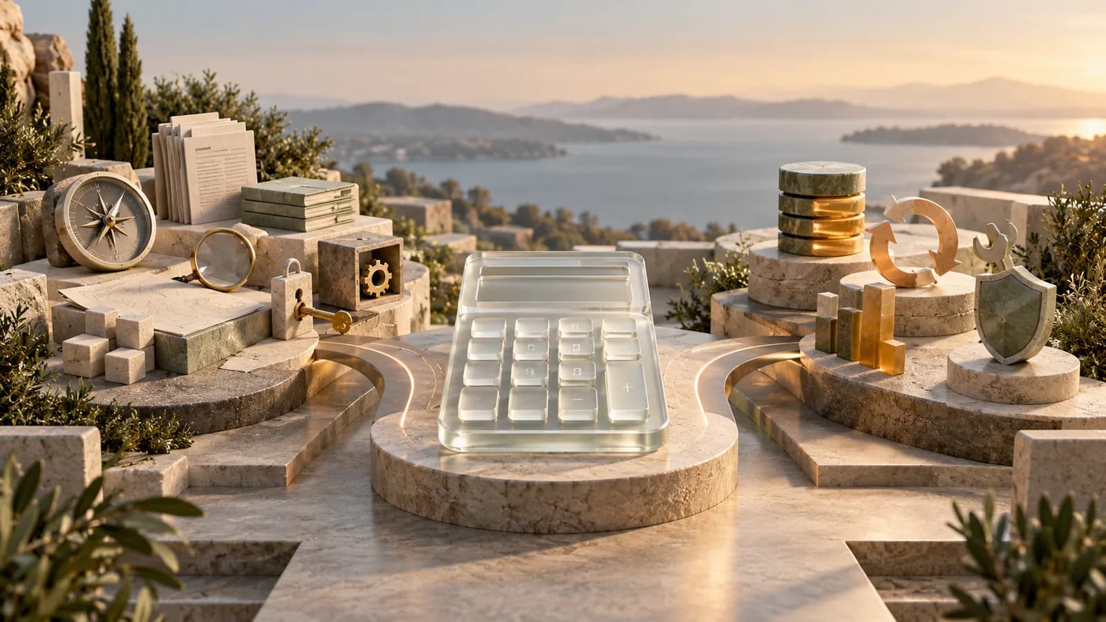 Editorial illustration of transparent planning calculator surrounded by separate initial and recurring cost objects