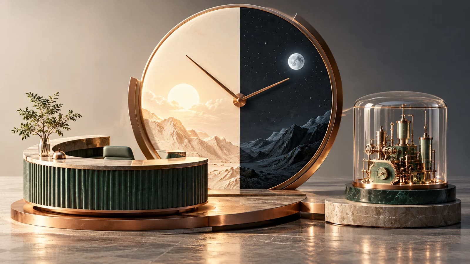 A clock and service desk beside a protected machinery model
