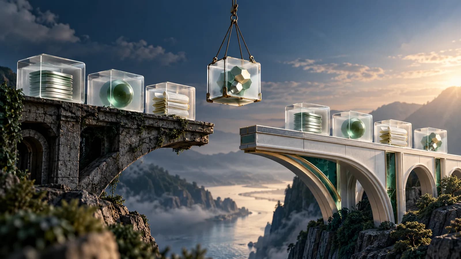 Editorial illustration of carefully moving labelled-free glass modules from an old bridge to a new bridge
