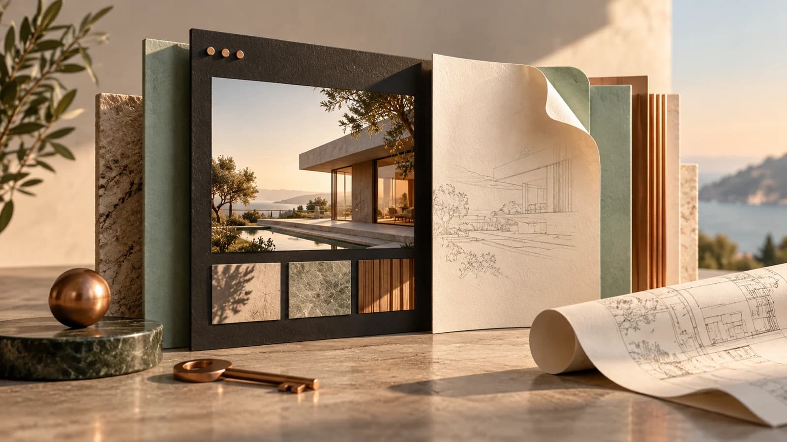 An architectural model of website pages beside a key and folded blueprint