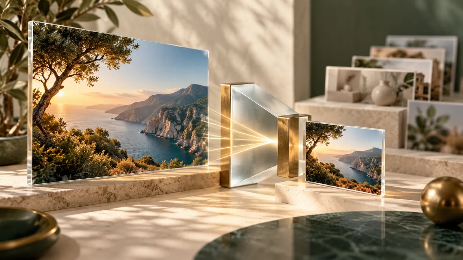 Editorial illustration of a large photographic frame compressed into a crisp smaller prism before transmission