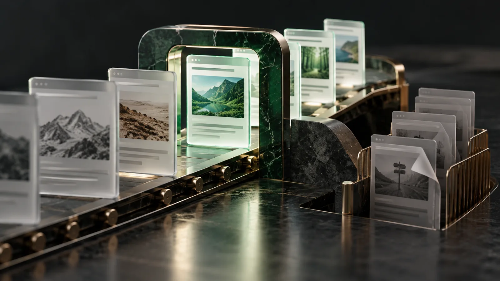 Editorial illustration of a group of website pages at different crawl checkpoints, some intentionally held back