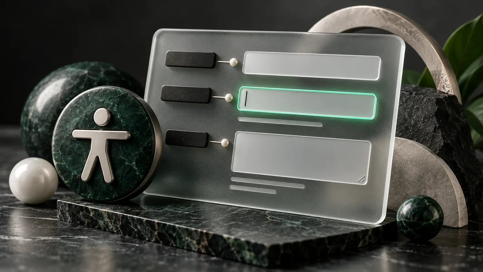 Editorial illustration of an accessible contact panel represented by clear labelled controls and a keyboard focus ring
