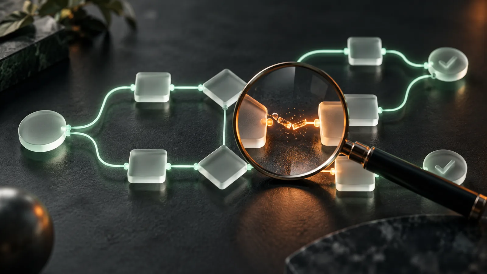 Editorial illustration of magnifying lens revealing a broken connection in a branching glass workflow