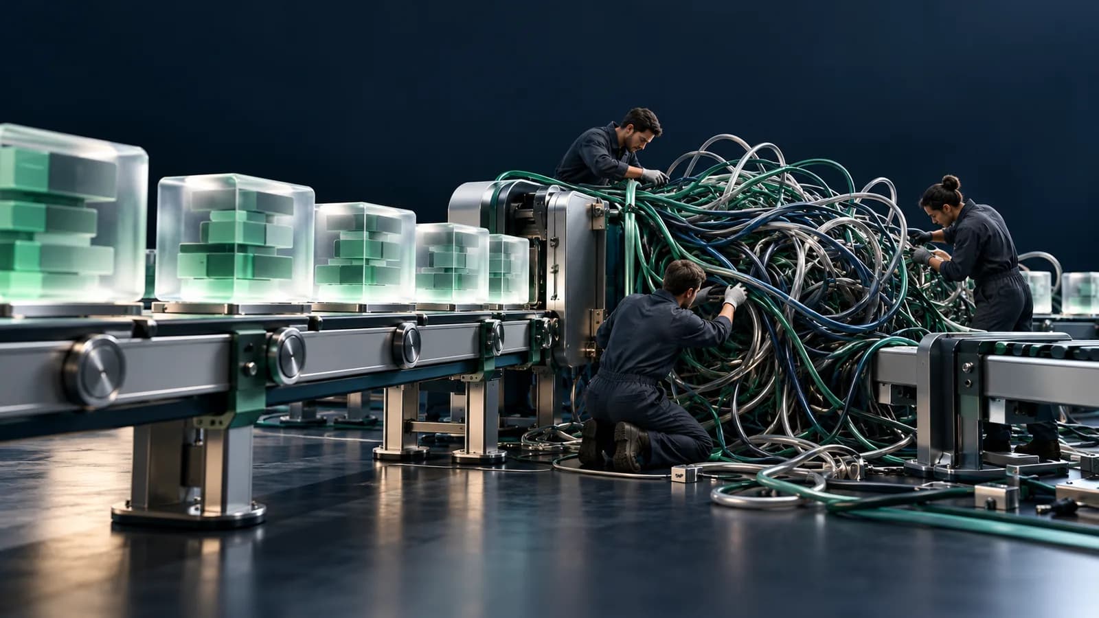 Editorial illustration of a fast assembly line paused to repair a growing tangle of technical-debt wires