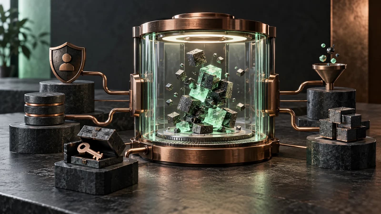Editorial illustration of a protective code inspection chamber isolating untrusted machine-generated pieces