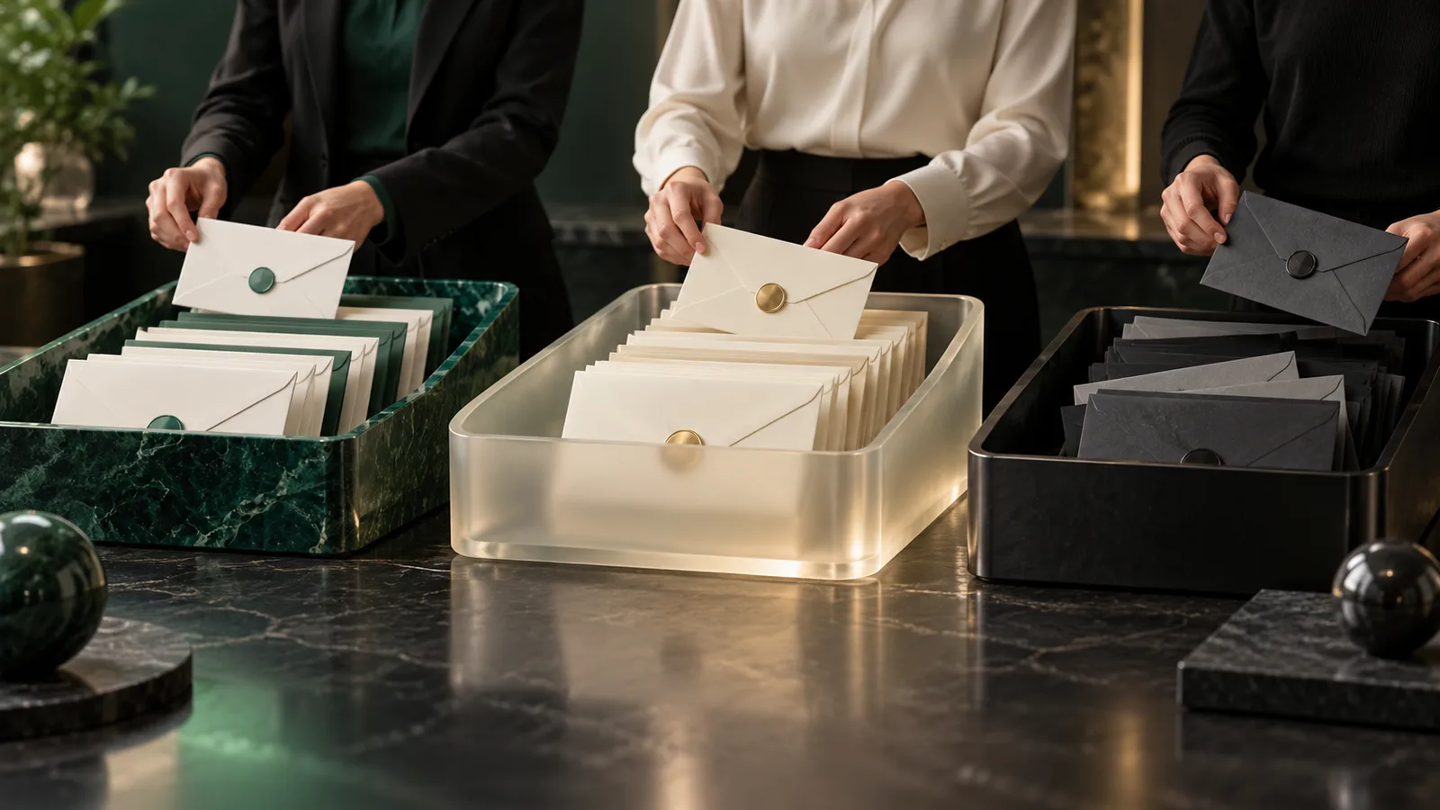 Editorial illustration of support envelopes sorted by urgency into three distinct supervised trays