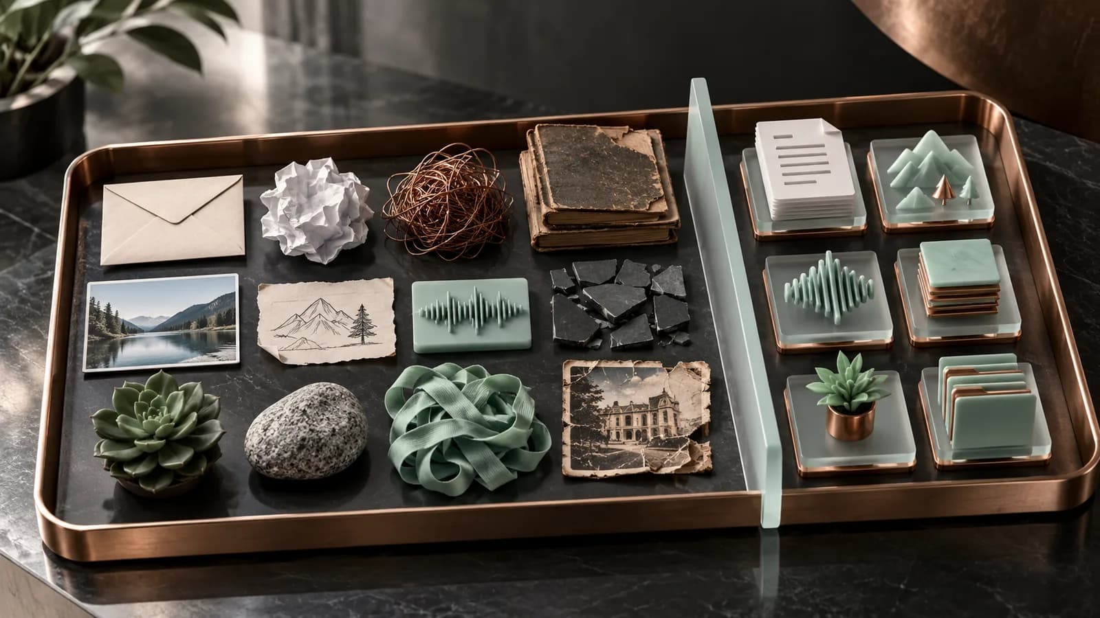 Editorial illustration of a balanced sample tray of varied test objects with independent comparison targets
