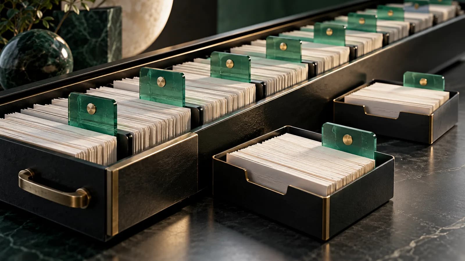 Editorial illustration of a long drawer of records divided by bookmark checkpoints and removable page trays