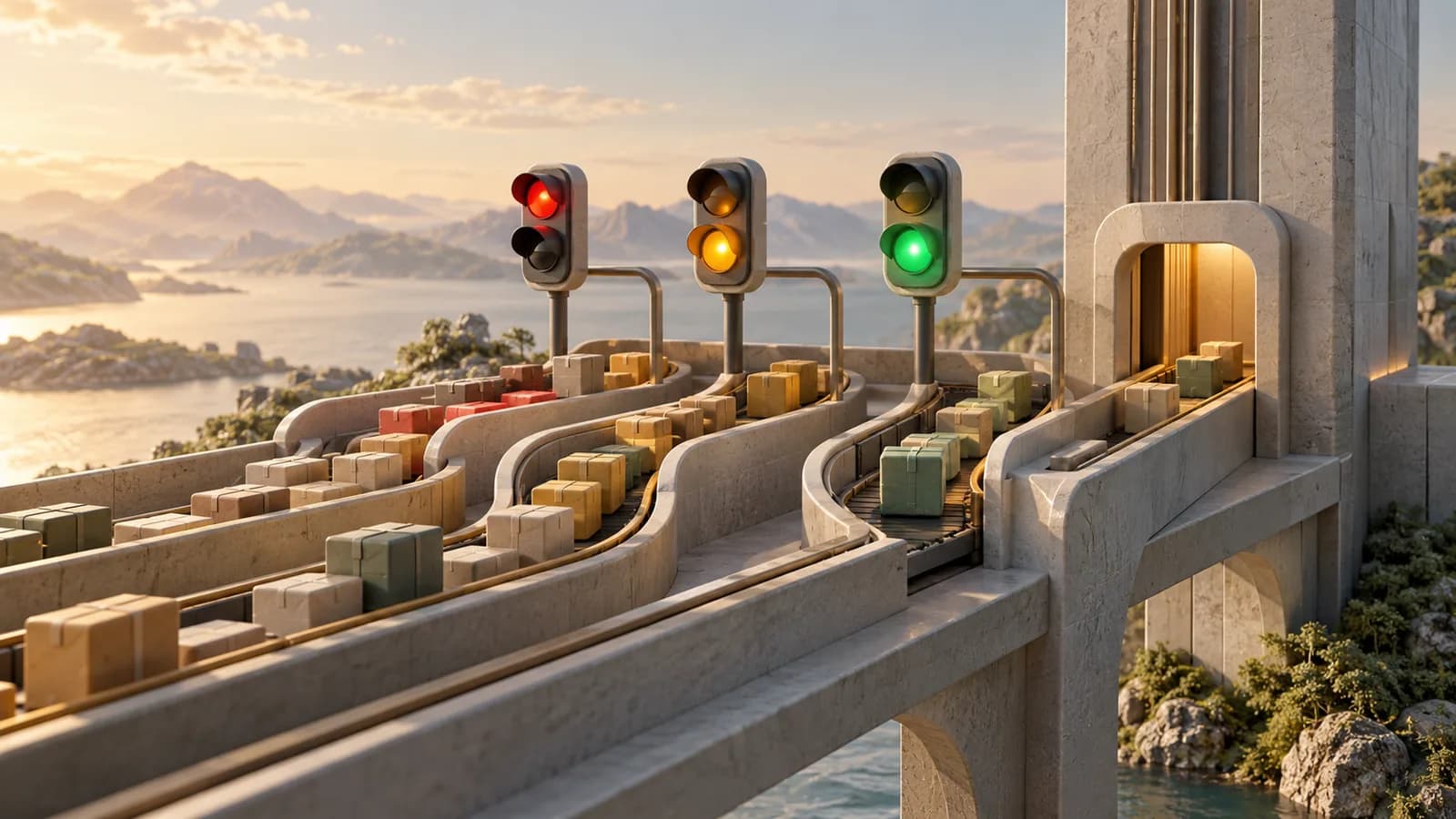 Editorial illustration of traffic lights metering small message parcels into a narrow receiver with waiting lanes