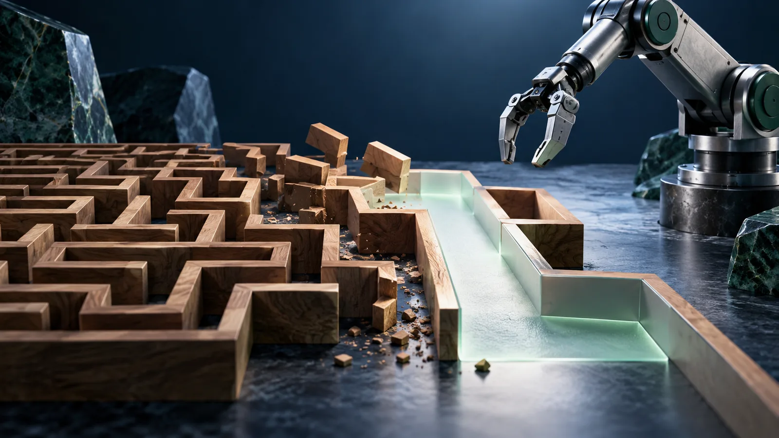 Editorial illustration of wooden maze being simplified into one clear path before a mechanical arm starts