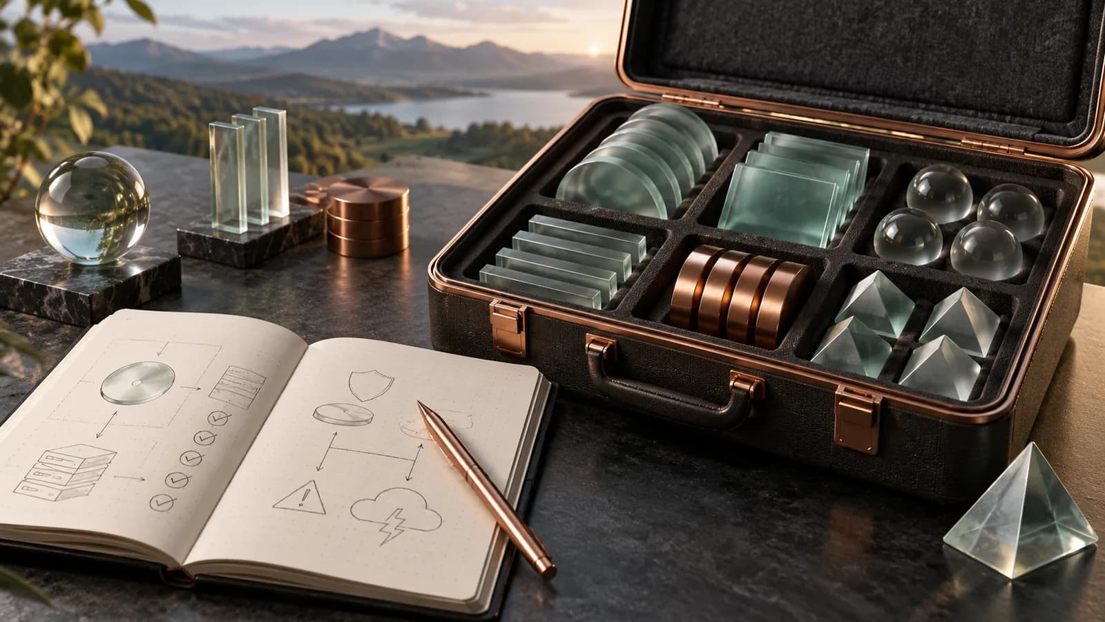 Editorial illustration of open field notebook and labelled-free glass components packed into a handover case