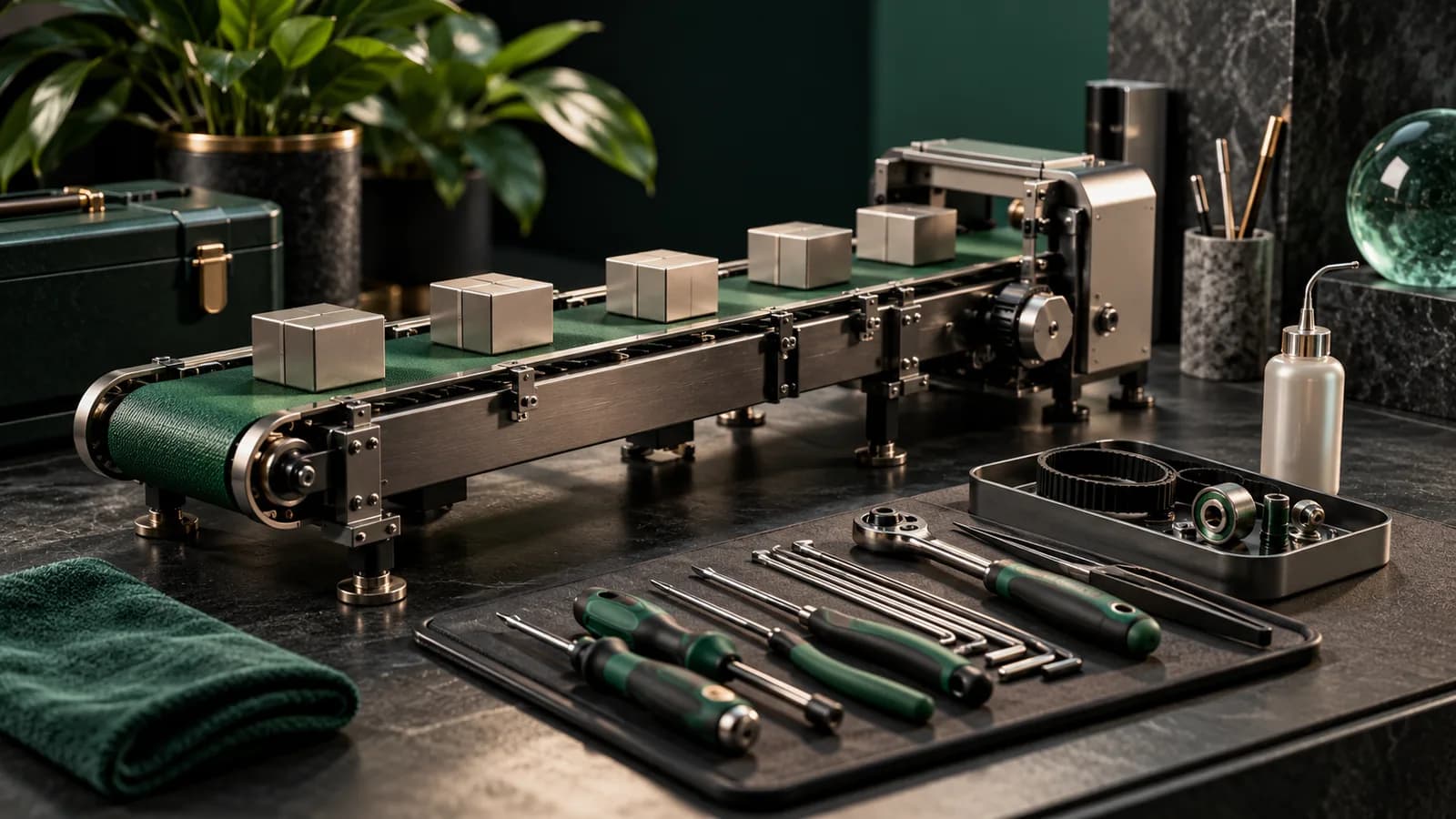Editorial illustration of carefully maintained miniature conveyor with technician tools laid neatly beside it