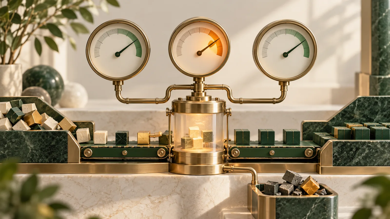 Editorial illustration of three elegant gauges connected to a working miniature process with one amber alert