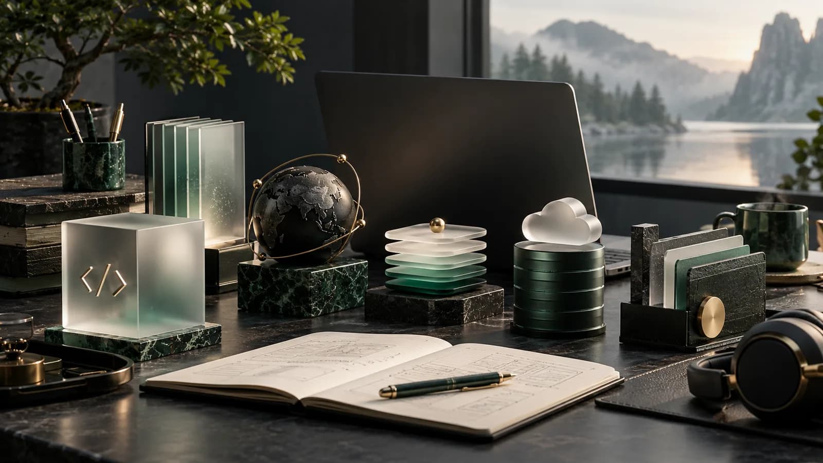 Editorial illustration of a carefully curated toolkit of different assistant instruments beside a developer workstation