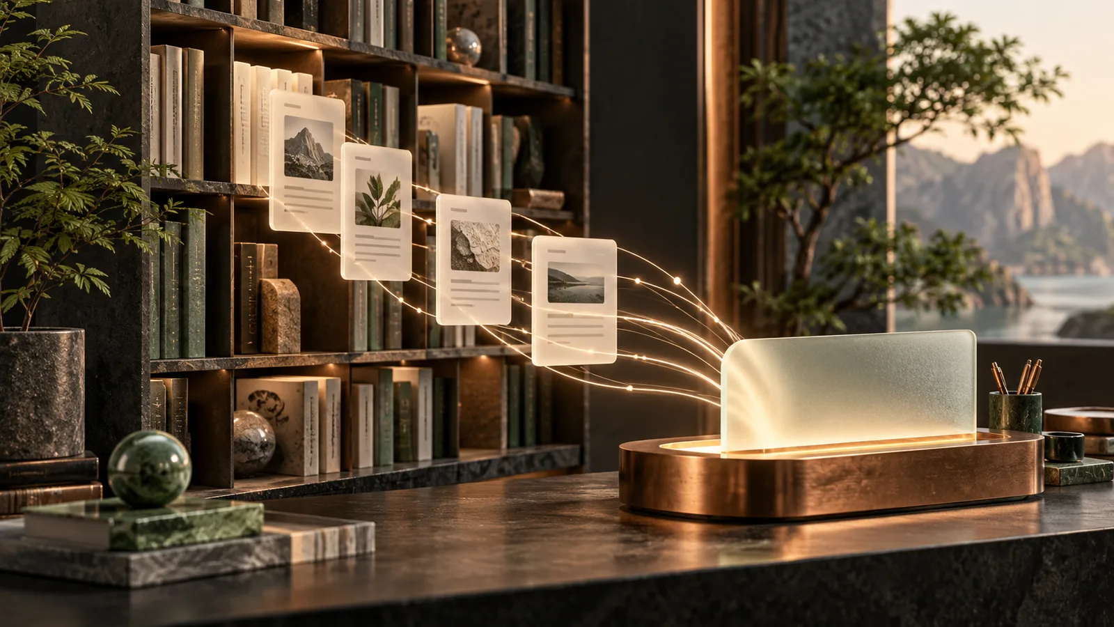 Editorial illustration of a knowledge library supplying cited source cards to an illuminated answer desk