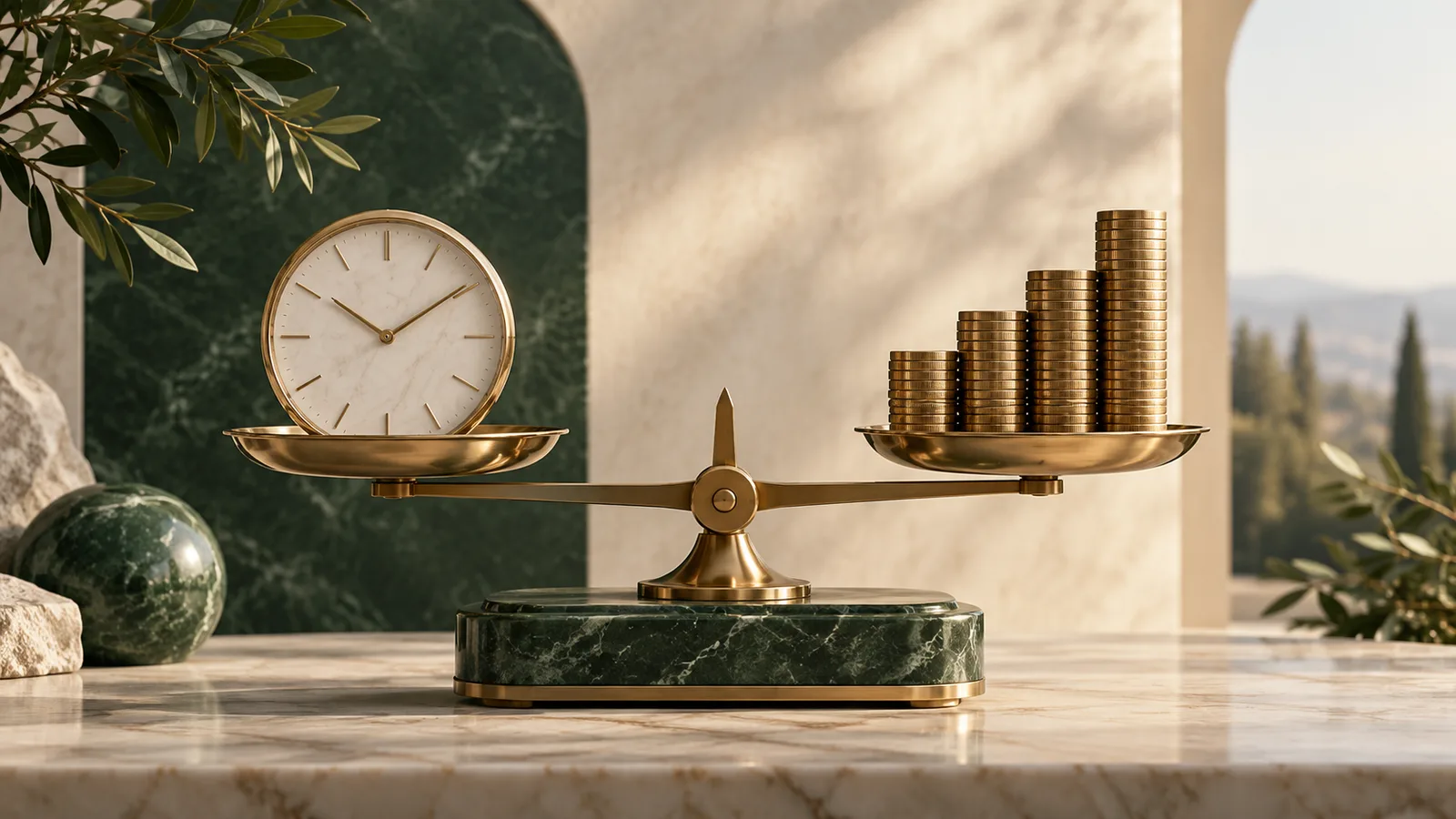 Editorial illustration of precision balance weighing a clock against a rising stack of coins