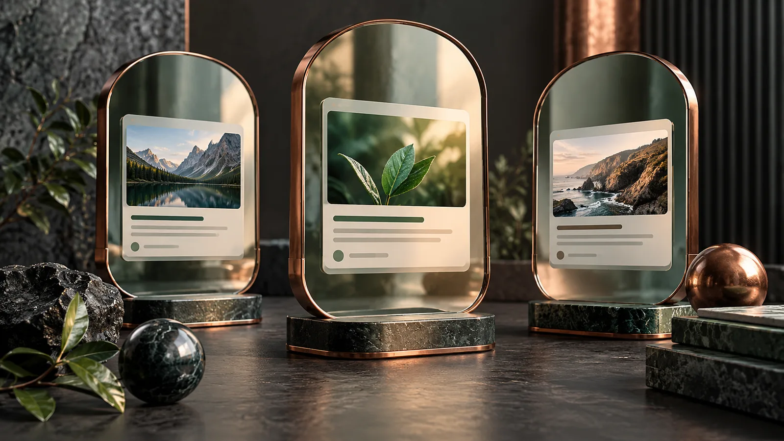 Editorial illustration of a set of distinct page mirrors each reflecting its own title and preview card
