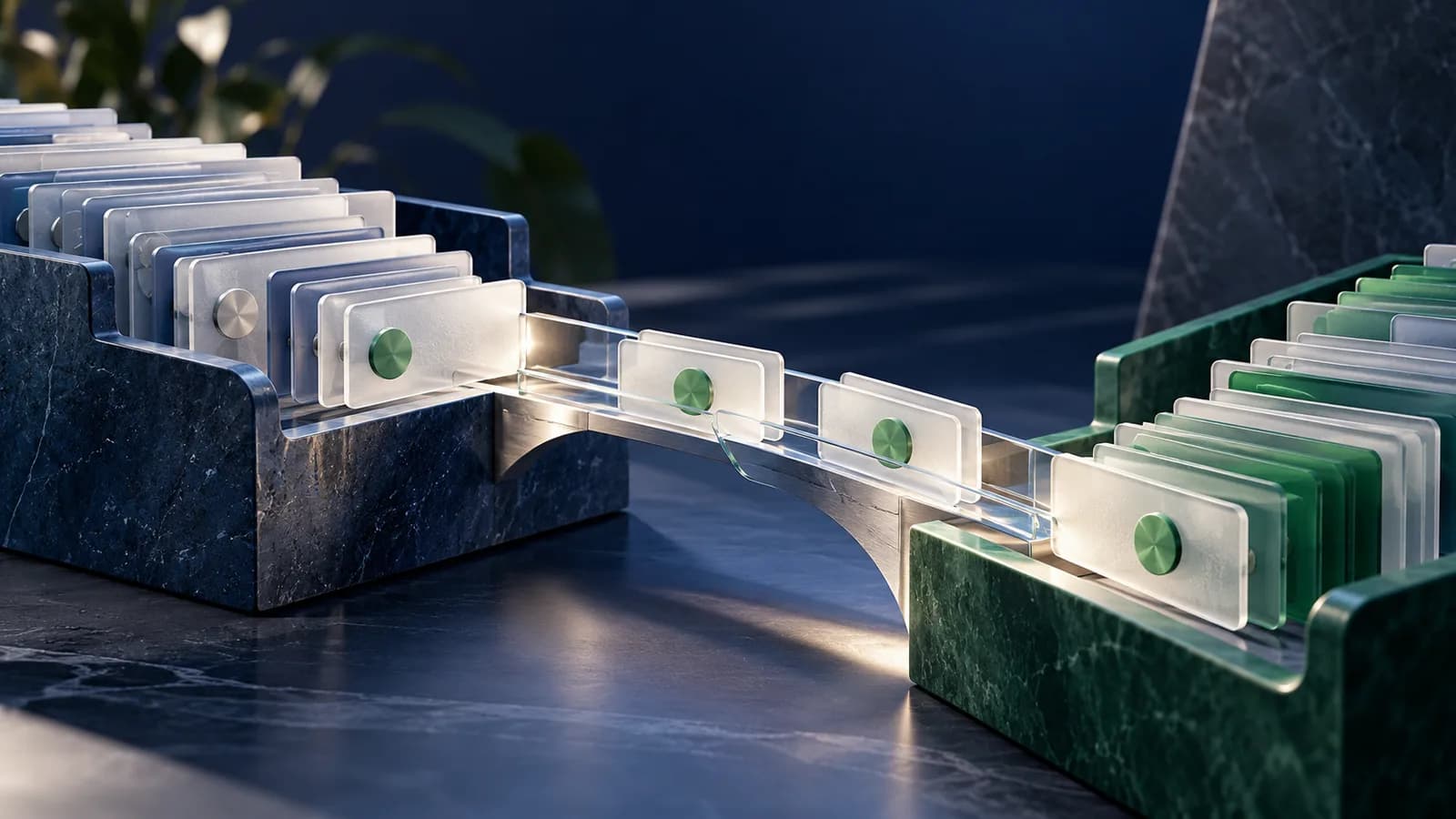 Editorial illustration of two organised record trays exchanging only matching pieces through a reconciliation bridge