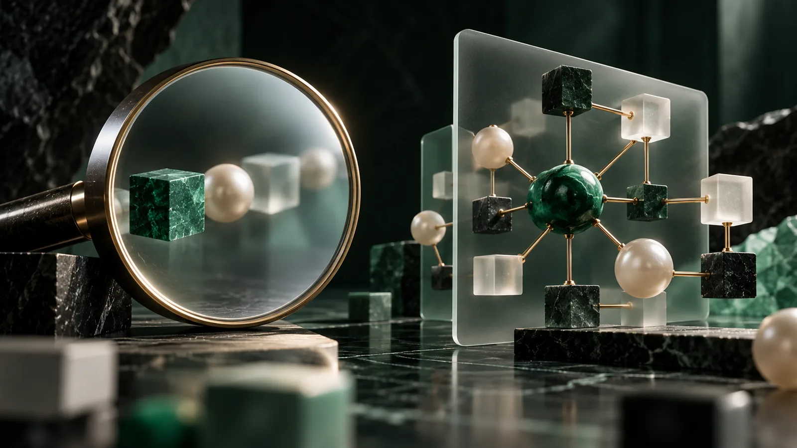 Editorial illustration of two elegant query interfaces, one direct projection lens and one shaped graph selector