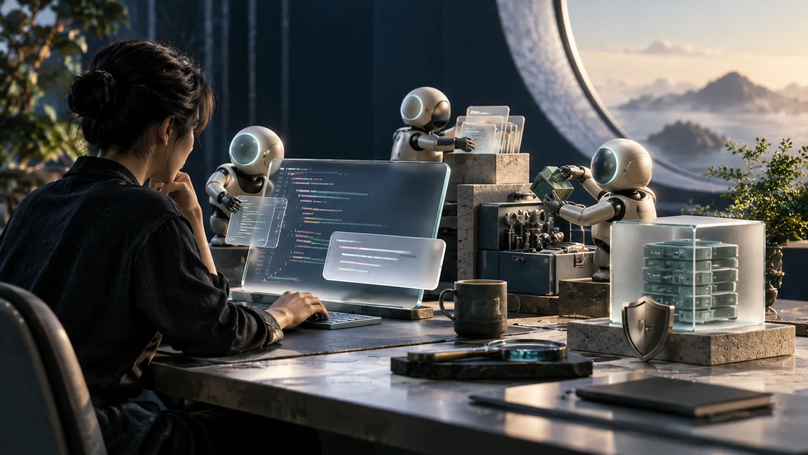 Editorial illustration of a small group of bounded assistant devices working beside a human engineering workbench