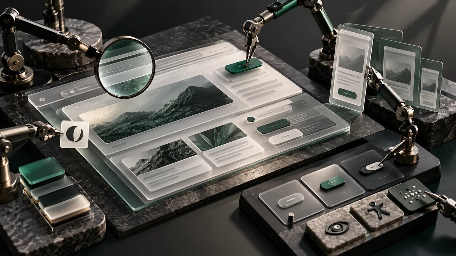 Editorial illustration of a frontend workbench where small assistant tools collaborate around an interface prototype