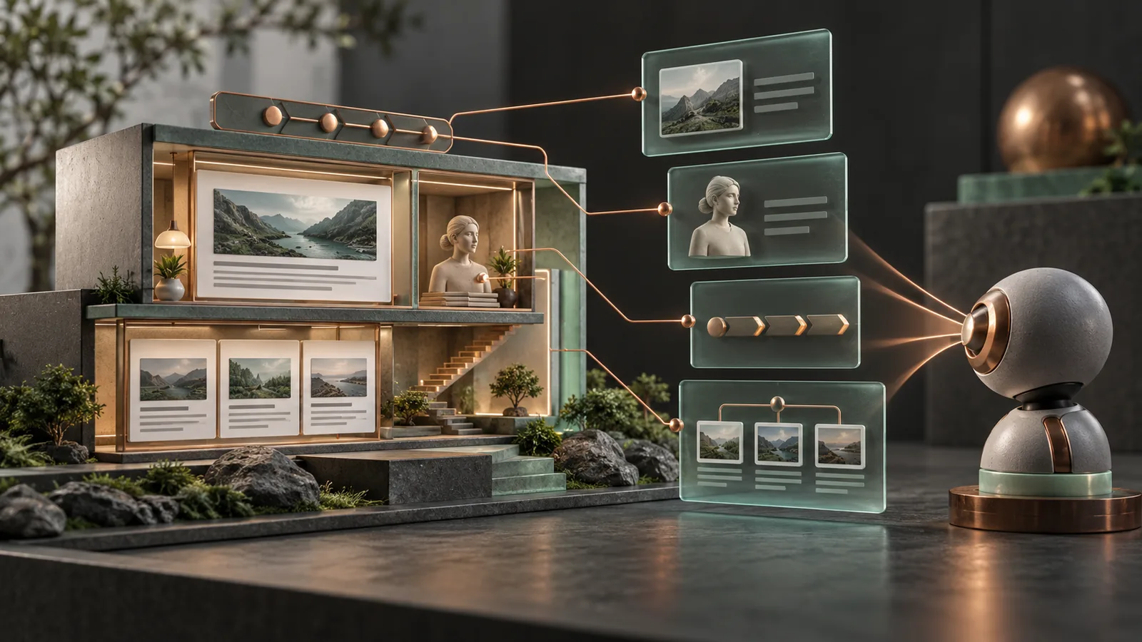 Editorial illustration of a website model exposing a clean semantic framework to a visiting search agent