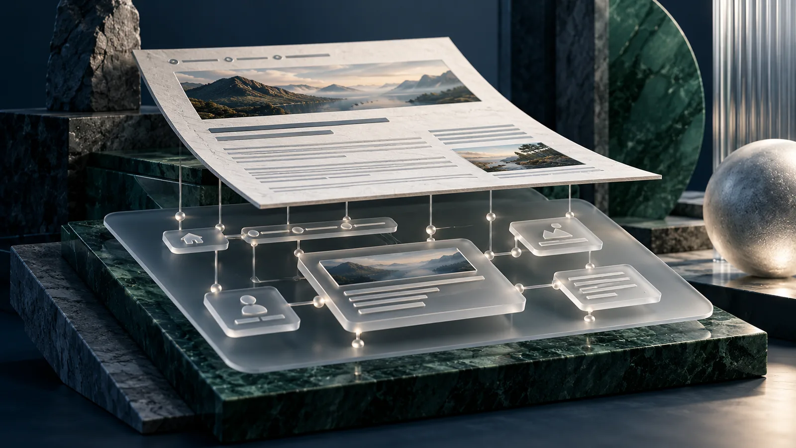 Editorial illustration of a structured article document gaining a precise semantic skeleton under its surface