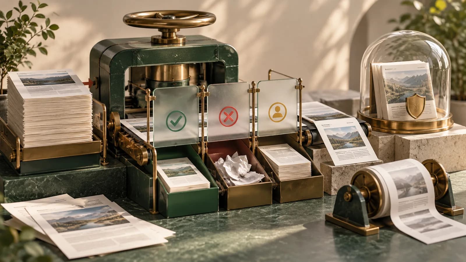 Editorial illustration of a cautious publishing press with quality gates, rollback spool and protected previous edition