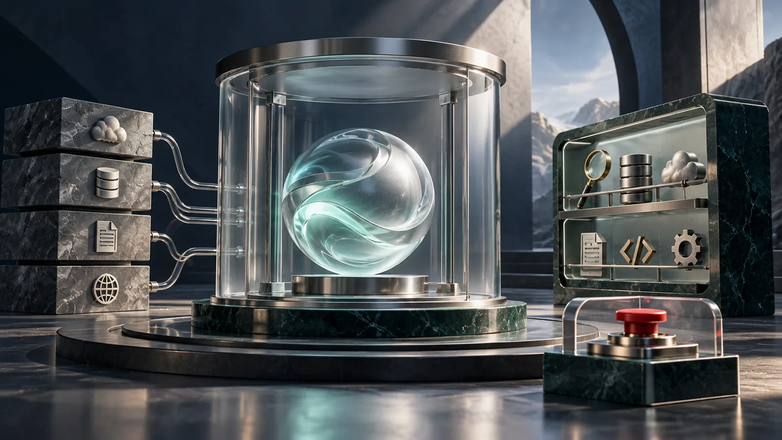 Editorial illustration of a bounded agent chamber with a small approved tool rack and a clear stop mechanism