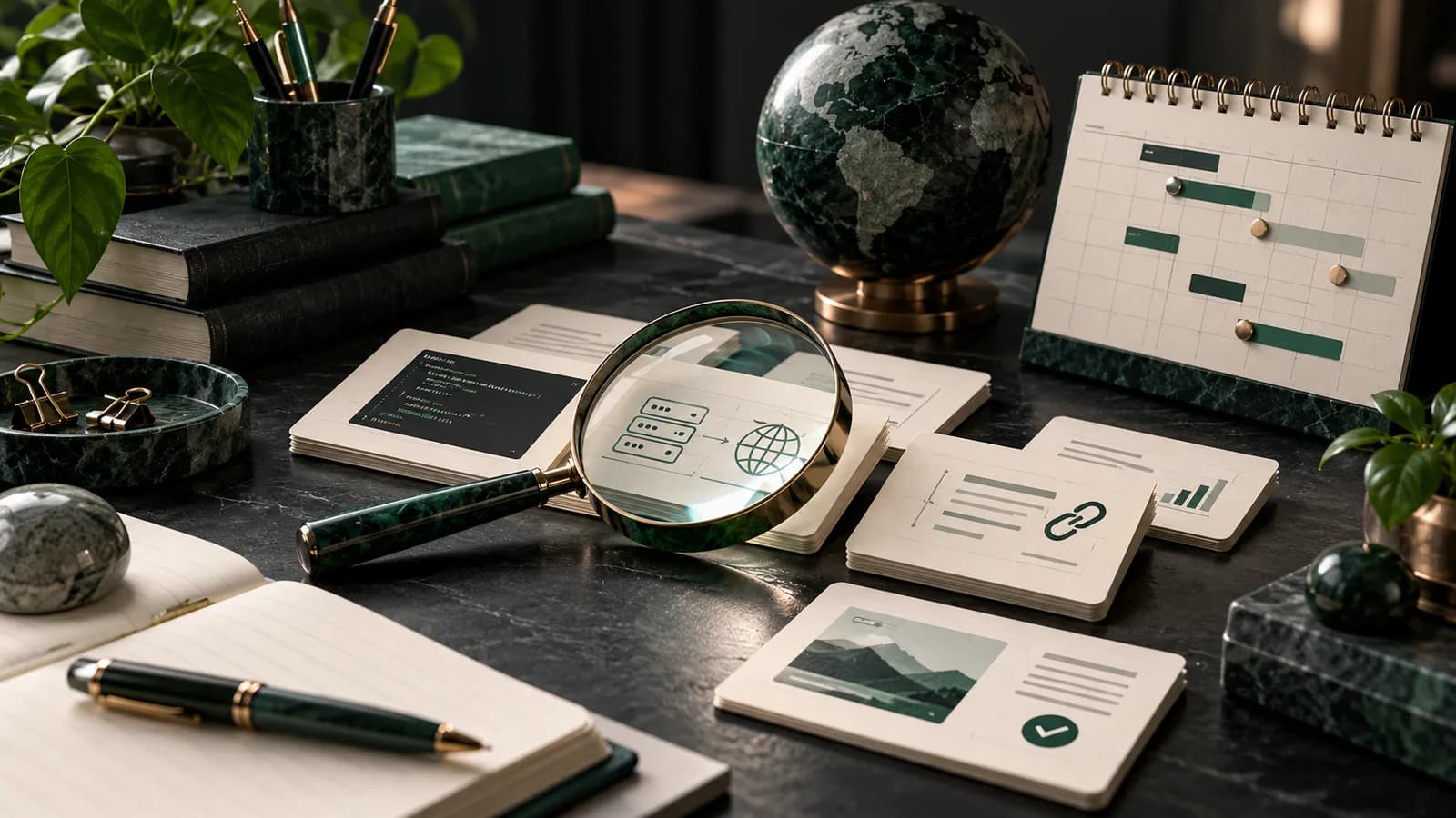 Editorial illustration of a thoughtful editorial planning desk with research cards, review lens and a publishing calendar