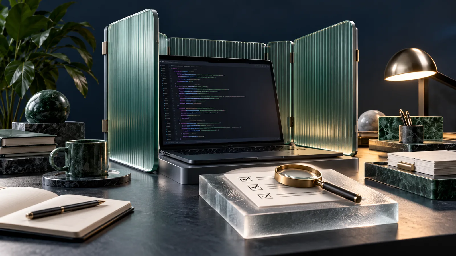 Editorial illustration of a protected coding workspace with privacy shutters and a deliberate review checkpoint