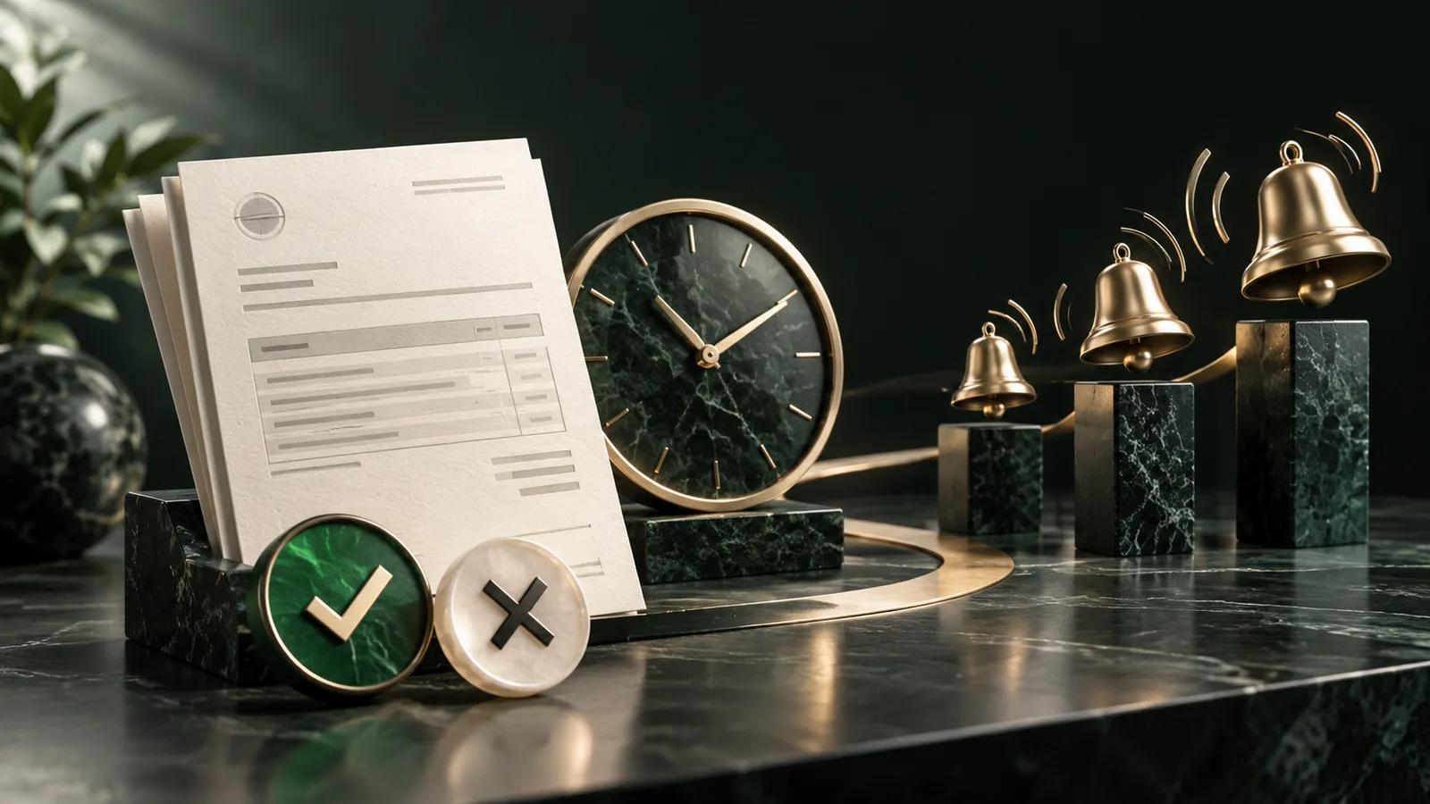 Editorial illustration of a paper invoice accompanied by a clock and escalating reminder bells