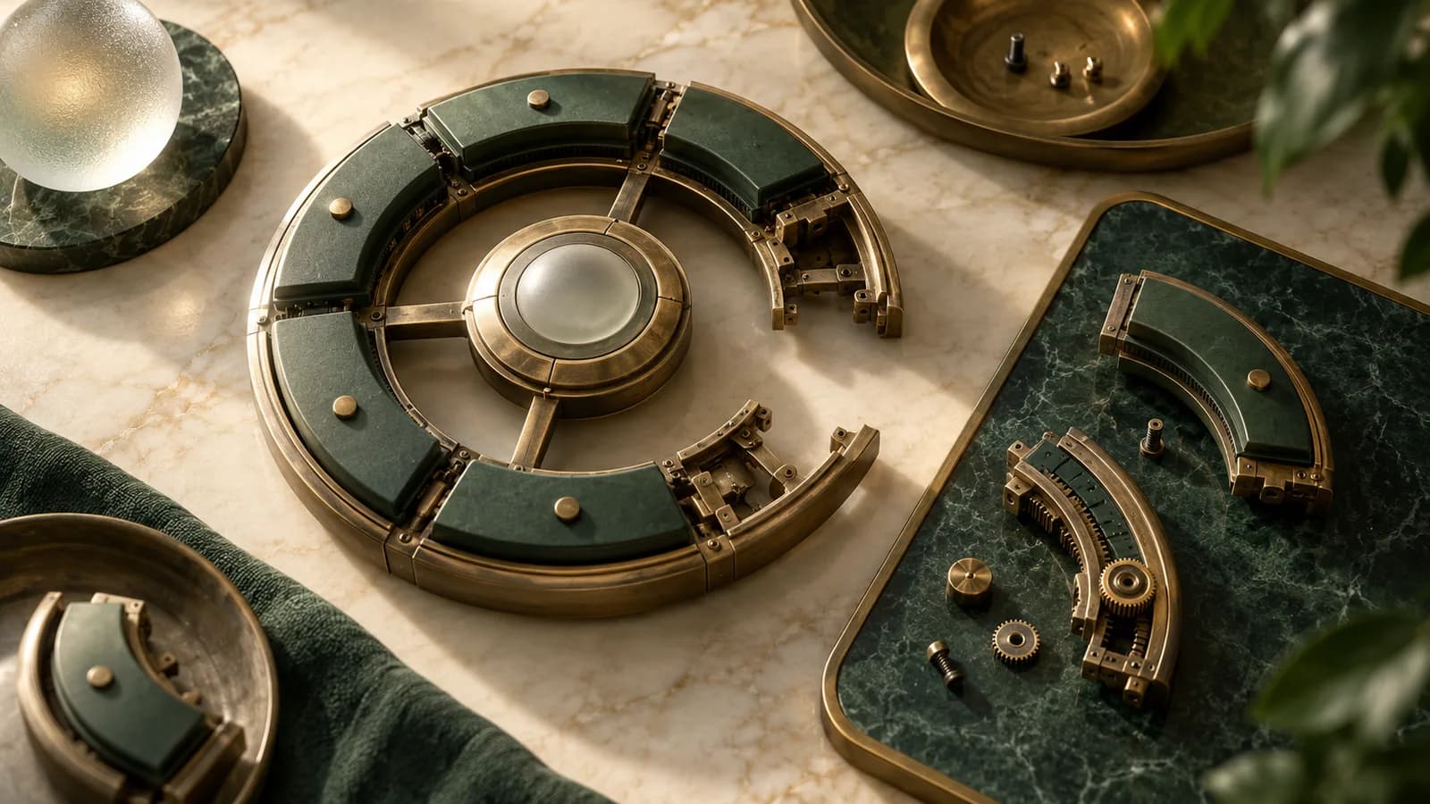 Editorial illustration of an unfinished circular mechanical assembly with its missing pieces preserved for recovery