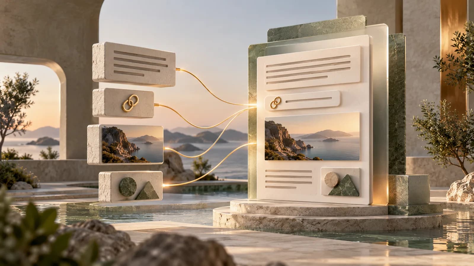 Editorial illustration of a rich document built from modular paragraph, link and image objects