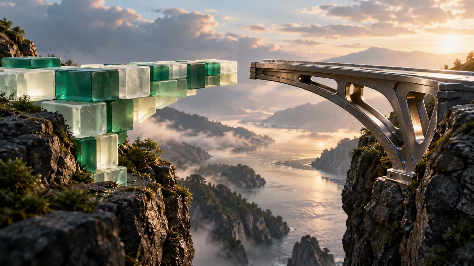 Editorial illustration of two bridges spanning a gap, one assembled from modular blocks and one custom machined