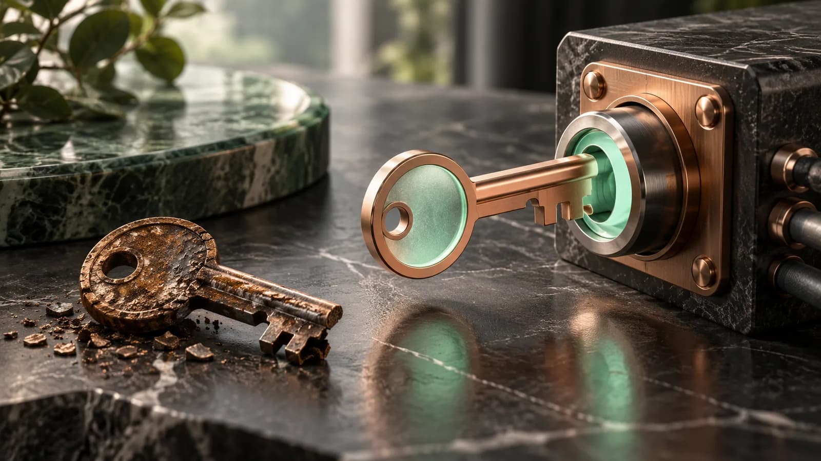 Editorial illustration of an expired brass key beside a renewed key opening a secure integration socket