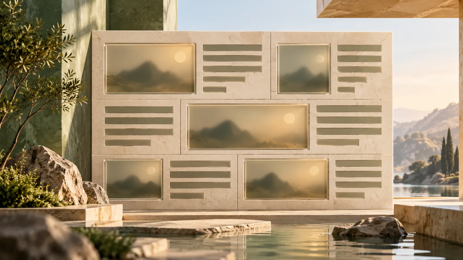 Editorial illustration of a rigid page grid holding spaces for images and letters so nothing shifts