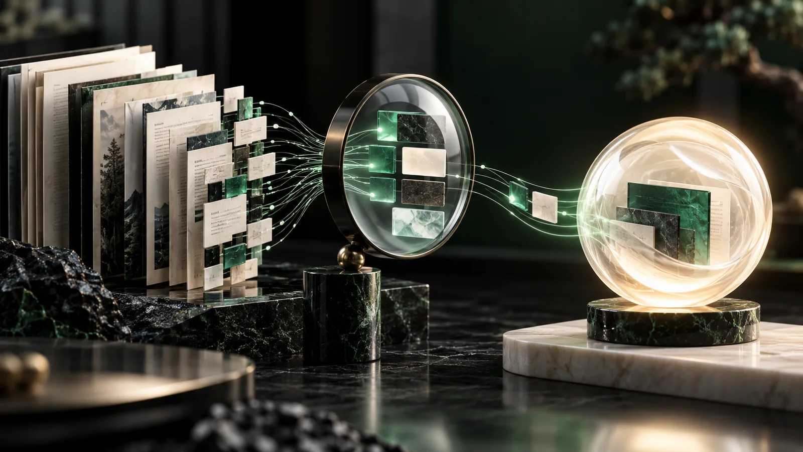 Editorial illustration of a coherent chain of source documents, retrieval lens and grounded answer capsule