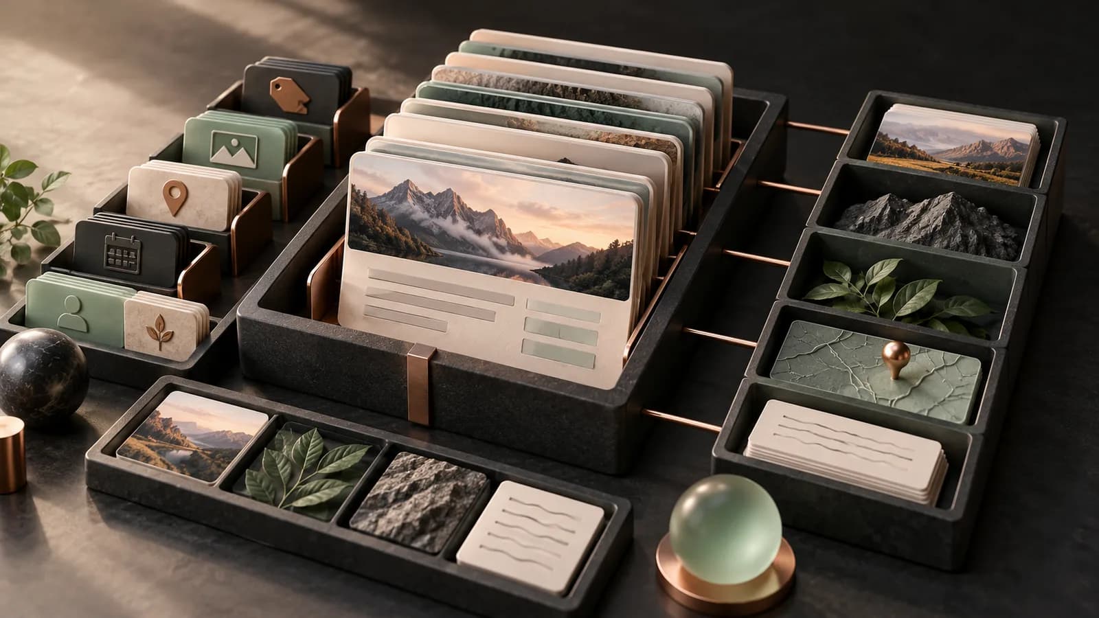 Editorial illustration of a clean collection of content cards arranged into reusable structured compartments
