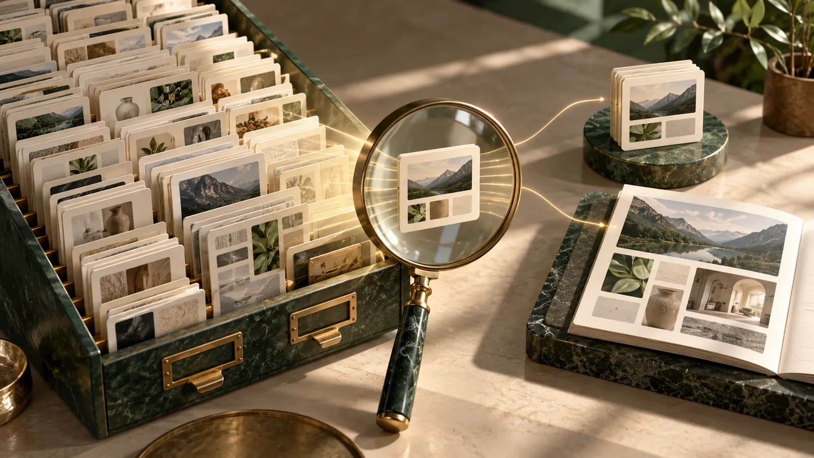 Editorial illustration of a large library of fields projected into a small exact selection through a lens