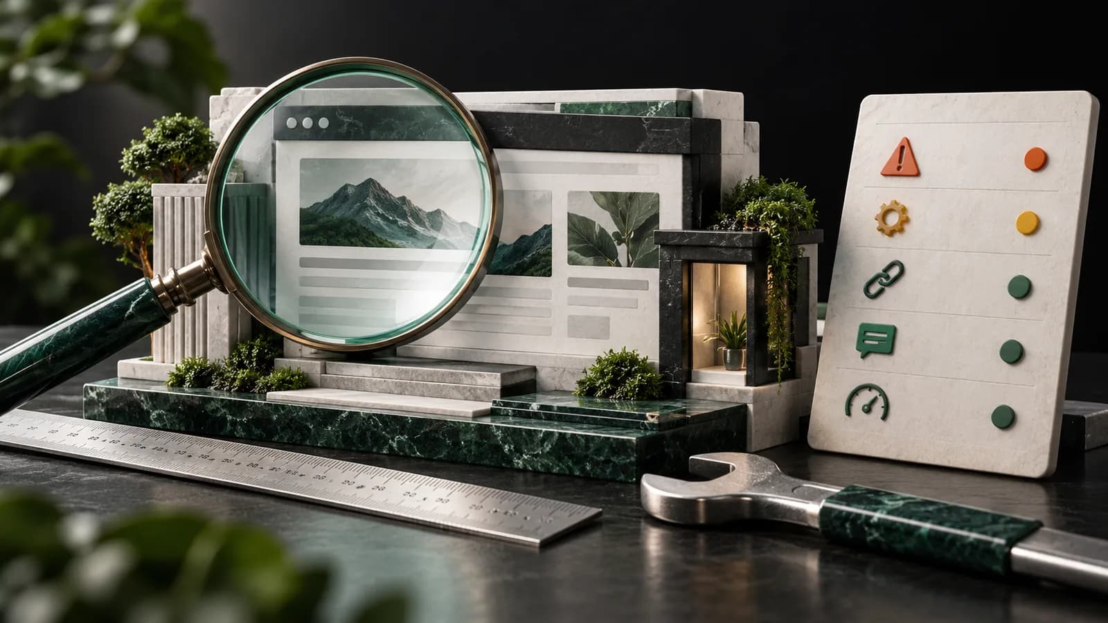 Editorial illustration of a small-business website model inspected with magnifier, ruler and a repair list