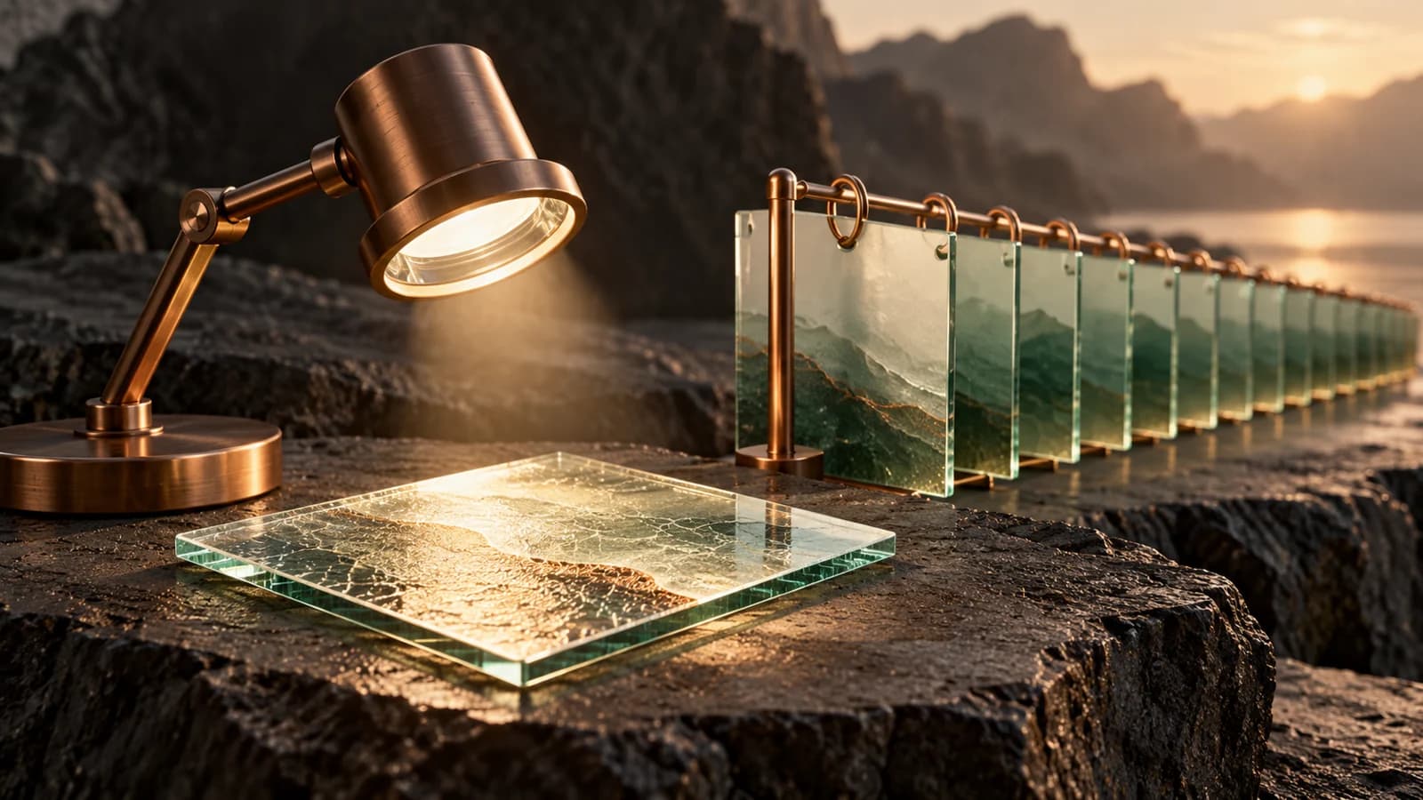 An inspection lamp over a glass page beside a sequence of calendar tiles
