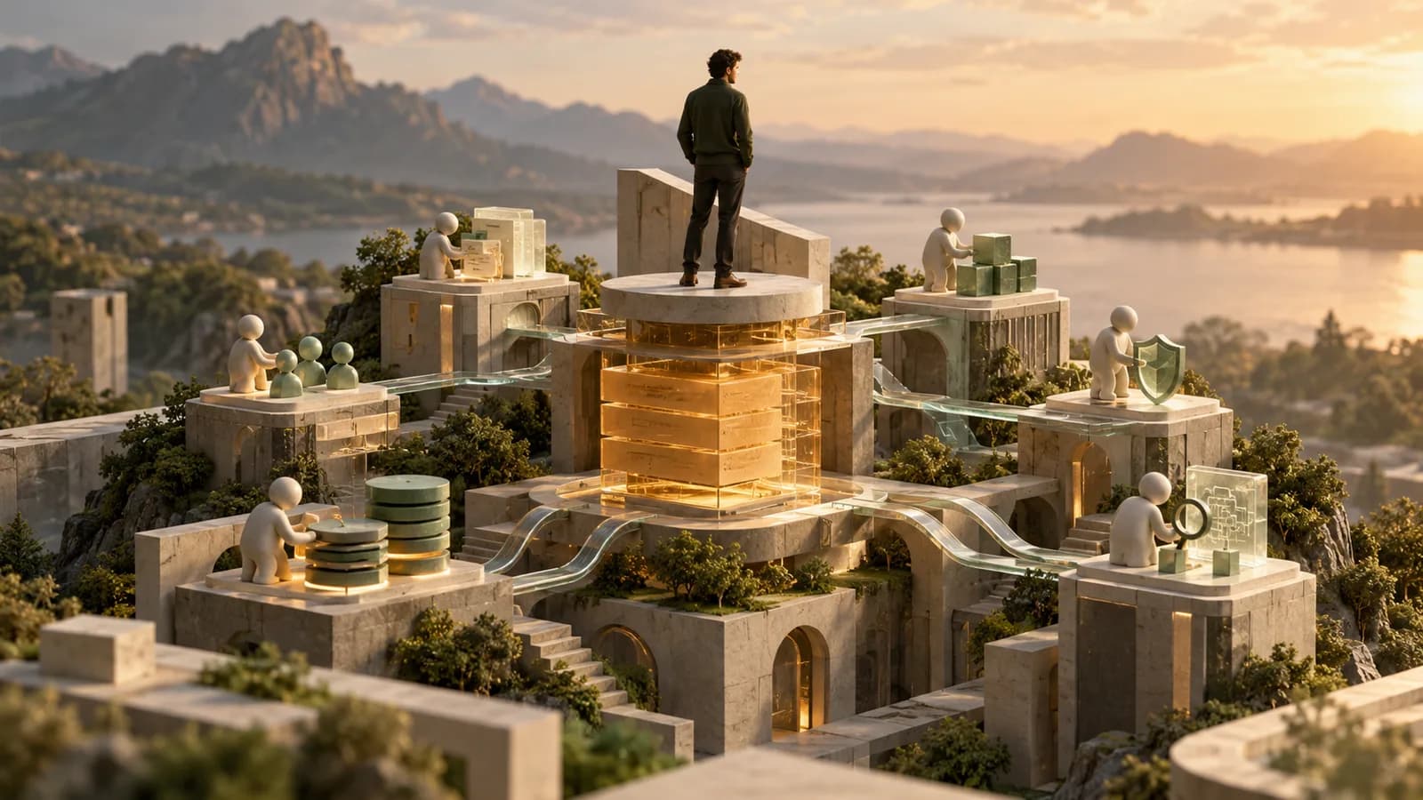 Editorial illustration of a full-stack architectural model with human oversight and small specialised AI tools