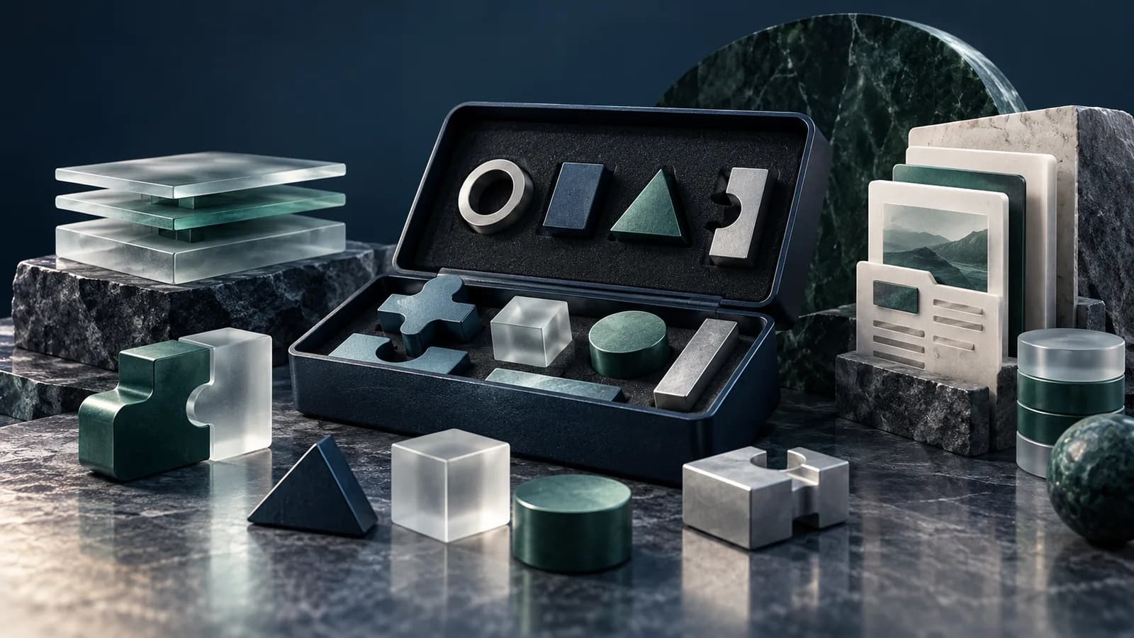 Editorial illustration of a typed engineering toolkit of complementary reusable precision pieces