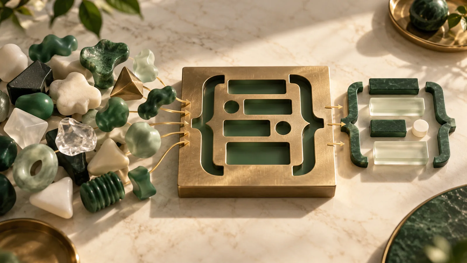 Editorial illustration of irregular generated shapes passing through a strict JSON-shaped validation mould