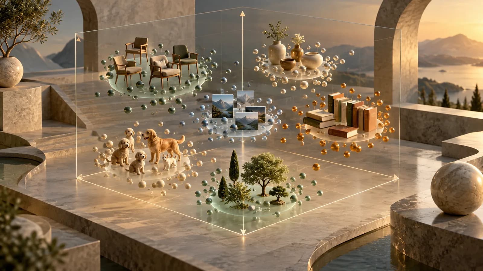 Editorial illustration of a three-dimensional coordinate library where similar objects cluster near one another