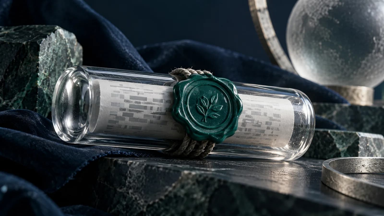 Editorial illustration of a tamper-evident wax seal protecting a glass message capsule in transit