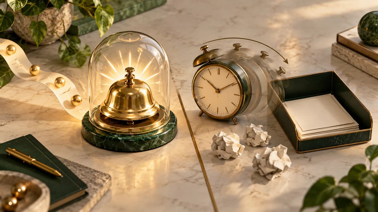 Editorial illustration of a glowing arrival bell contrasted with a clock repeatedly checking an empty inbox